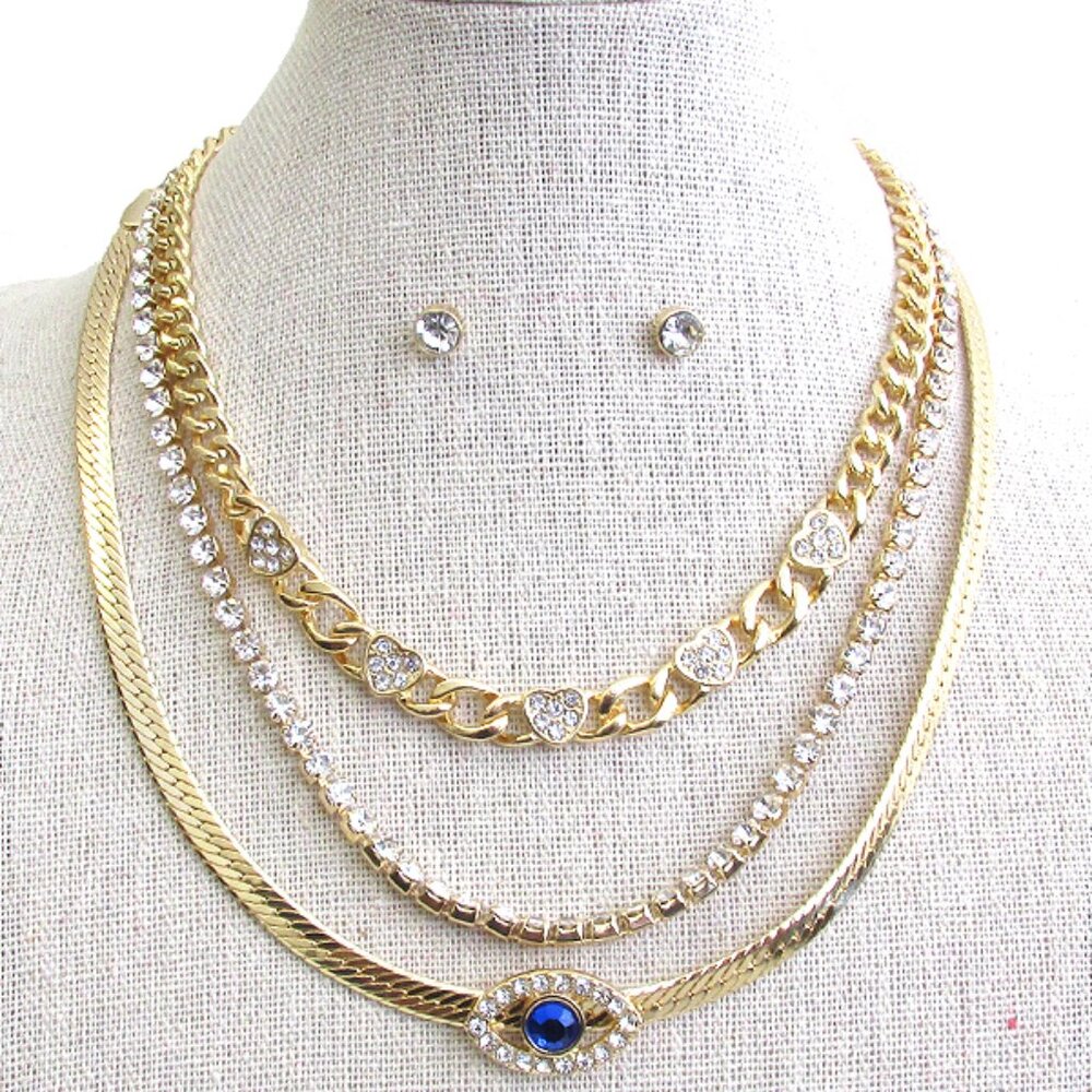 NEW Evil Eye Multi-Layer Gold Plated CZ Crystal Necklace & Stud Earring GIFT SET
